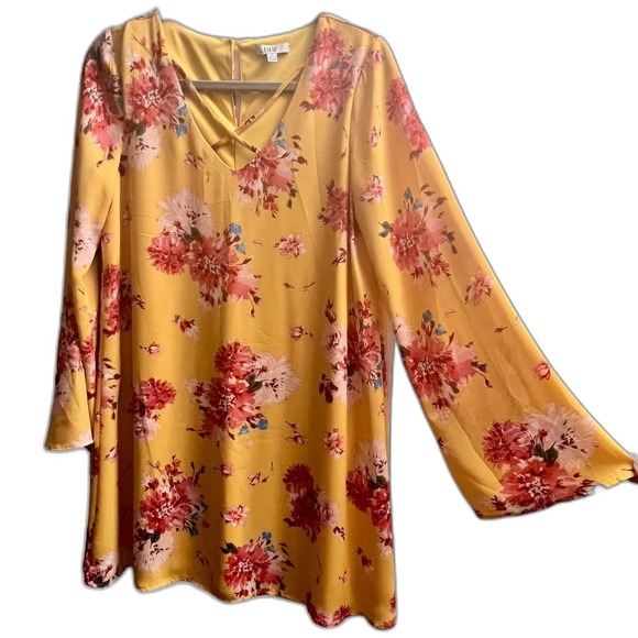 BOHO Colorful Floral Long Flair Bell Sleeve Dress AUW Medium Yellow Red Orange - Picture 1 of 12